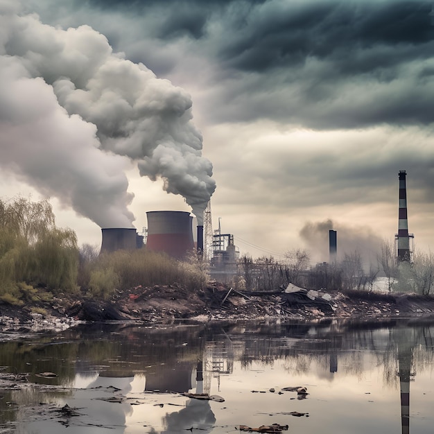 A smokestack is seen in front of a river and a building with smoke coming out of it.