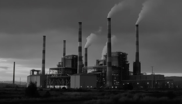 Smokestacks belching fumes pollute the natural environment generated by AI