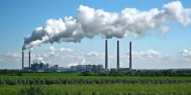 Photo smokestacks emitting billowing clouds into the sky