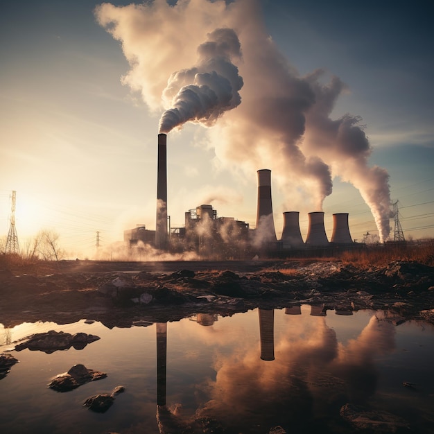 The smokestacks of many coal fossil fuel power plants emit carbon dioxide pollution