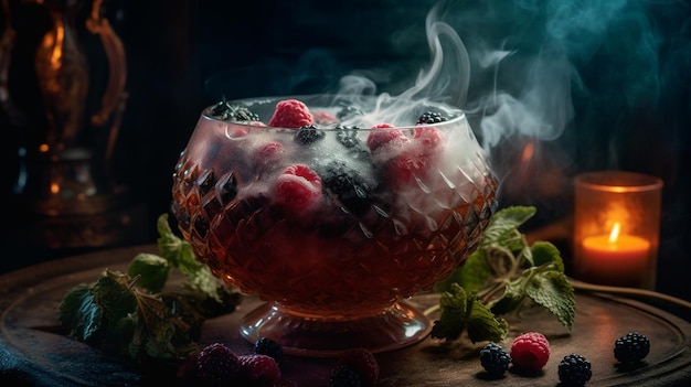 A smokey glass of a cocktail with raspberries and blueberries in it