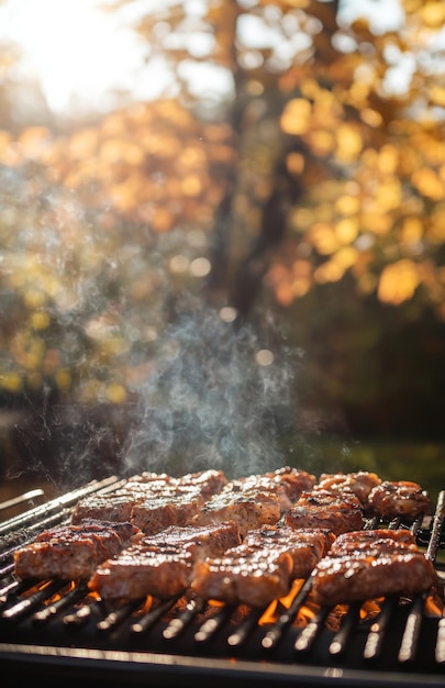 Photo smoking barbecue grill with meat outdoors set against a blurred sunny autumn garden backdrop