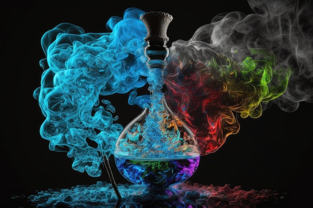 Smoking bright blue coal burning in water of multicolored hookah