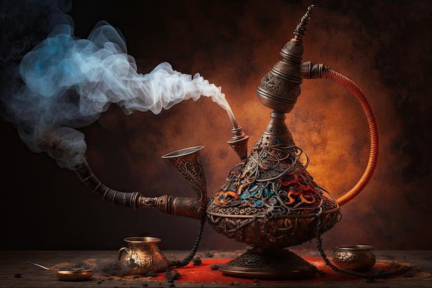 Smoking from hookah with burning coals and tobacco