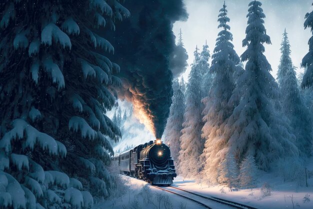 Smoking polar express train rides on rails between tall snowcovered trees created with generative ai