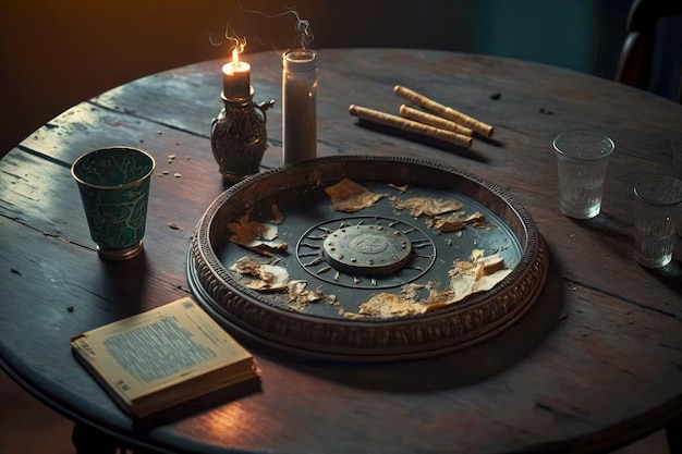 Smoking room with burning cigarettes in ashtray for cigarettes on table created with generative ai