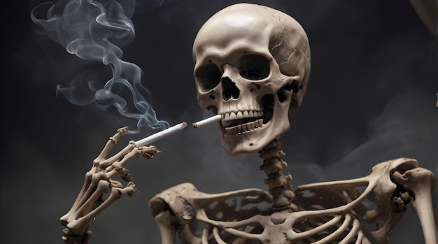 the smoking skeleton of a man with a cigarette