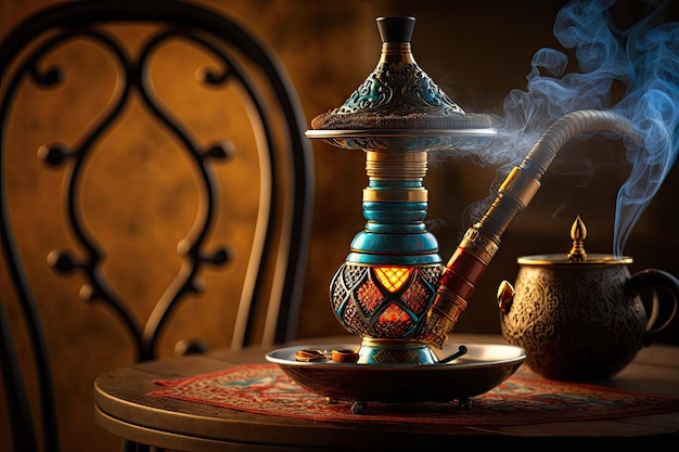 Smoking tobacco pipe traditional shisha in cafe middle east hookah