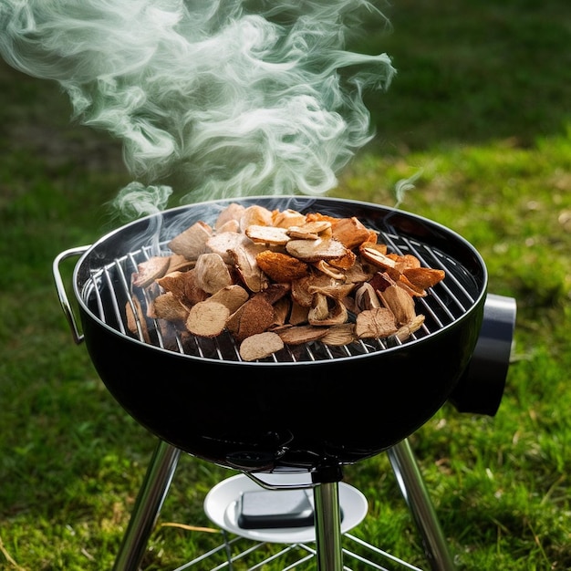 Smoking wood chips in a smoker box on the portable grill