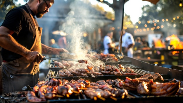 Smoky barbecue pit with chefs grilling food outdoors