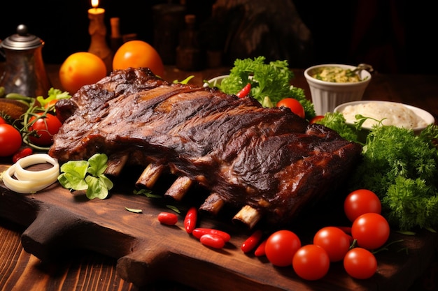 Smoky barbeque ribs with barbeque sauce and chopped vegetables on a wooden table