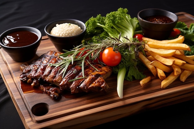 Smoky barbeque ribs with barbeque sauce and chopped vegetables on a wooden table