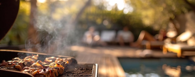 Photo smoky bbq grill by poolside sunny summer vibes