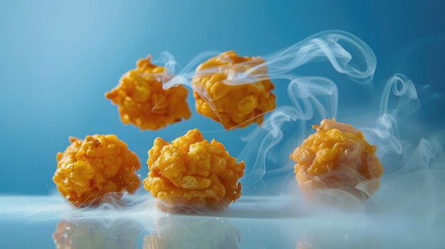 Photo smoky golden popcorn balls against blue background