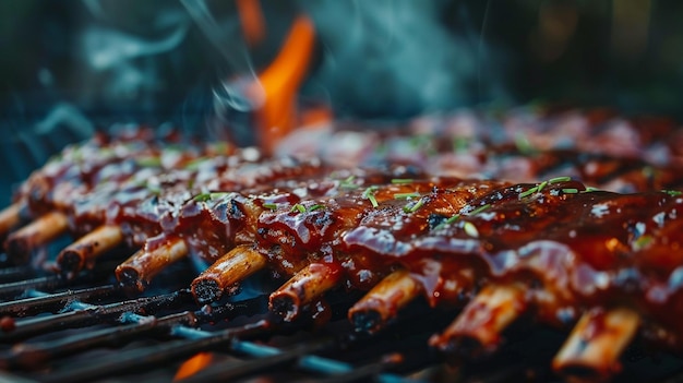 Photo smoky juicy bbq ribs grilled outdoor feast food