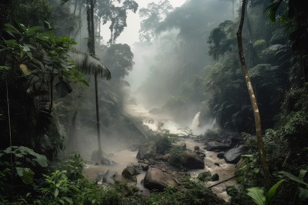 Smoky jungle after heavy rainstorm with waterfalls and overflowing streams