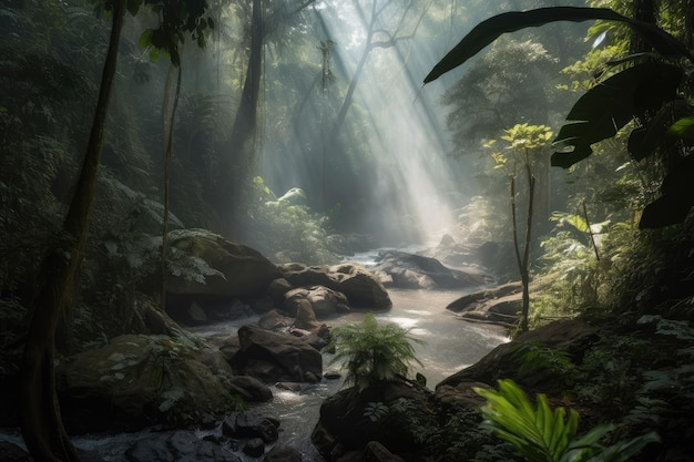 Smoky jungle scene with waterfall surrounded by greenery