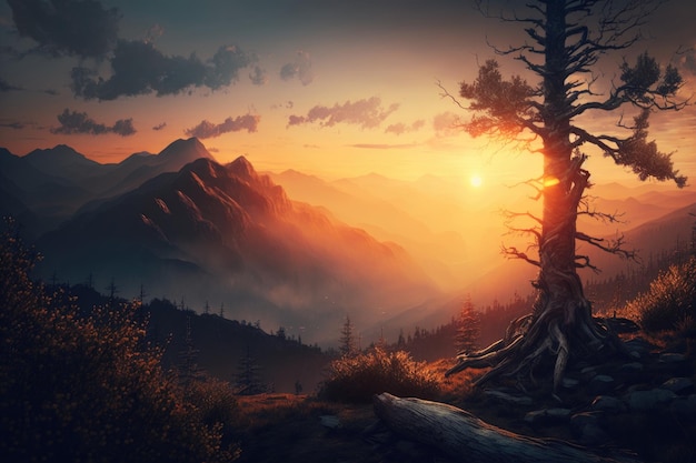 Smoky mountain sunset Illustration Generative AI