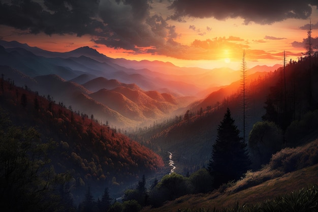 Smoky mountain sunset Illustration Generative AI