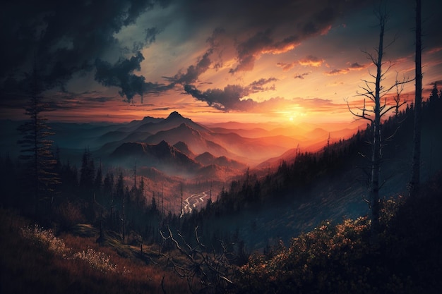 Smoky mountain sunset Illustration Generative AI