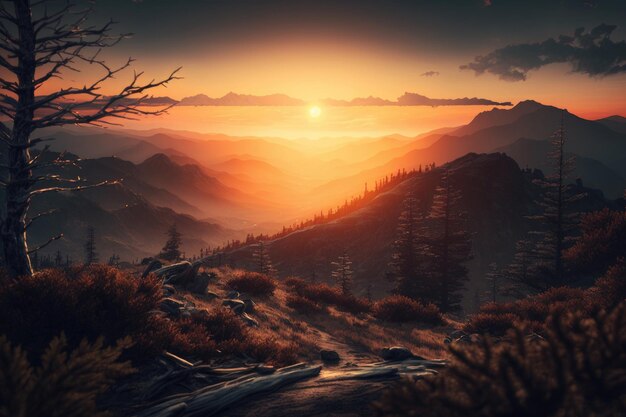 Smoky mountain sunset Illustration Generative AI