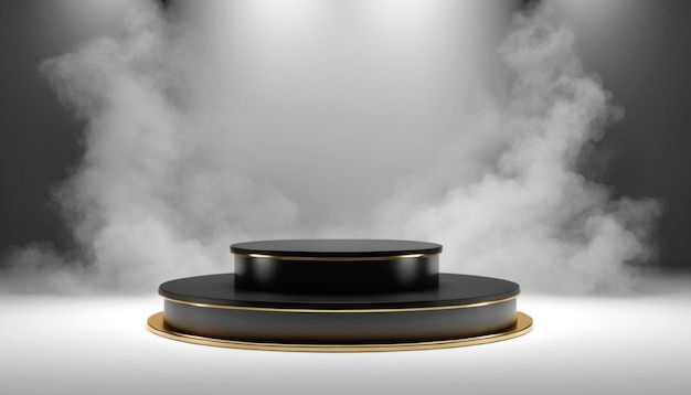 Smoky podium mockup black round 3d shiny gold metallic pedestal stand for product presentation