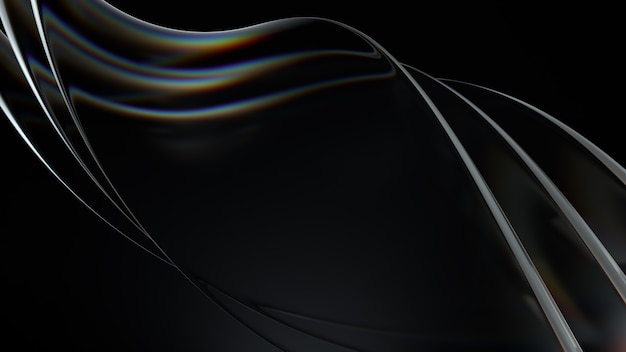 Smooth 3d render of twisted glass shapes on dark background with dispersion effect.