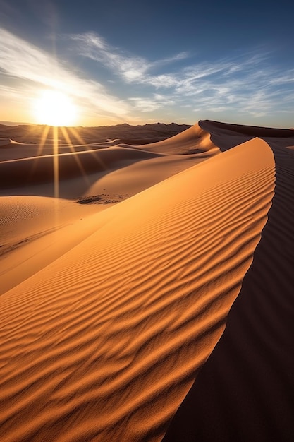 Smooth flowing sand dunes in sunlight created with generative ai