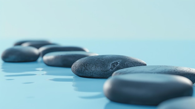 Photo smooth gray pebbles arranged in line on blue surface reflecting calm and balance