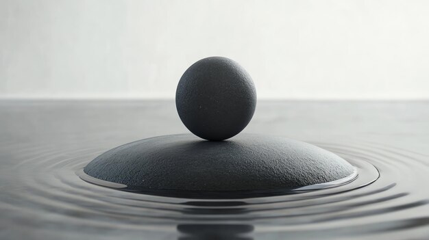 A smooth grey stone balanced on another stone floating on calm water