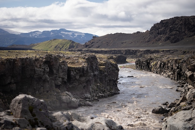 Smooth Innri-Emstrua river going from Waterfall. Laugavegur hiking trail.