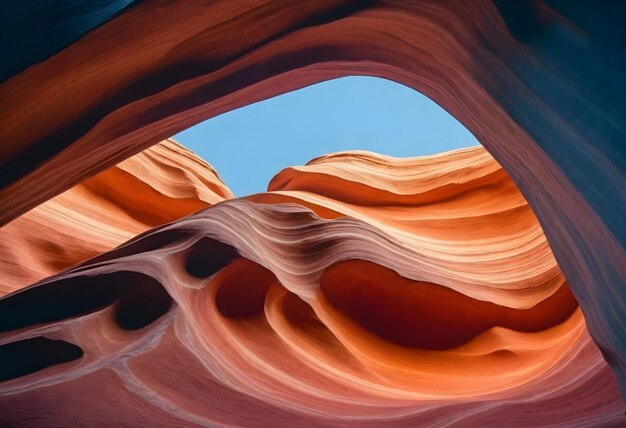 Smooth orange and red sandstone formations with flowing lines and curves against a clear blue sky