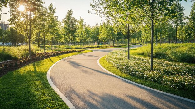 Photo smooth pavement path winding through a modern urban park surrounded by green spaces