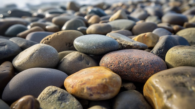 Smooth pebbles on a beach at dawn