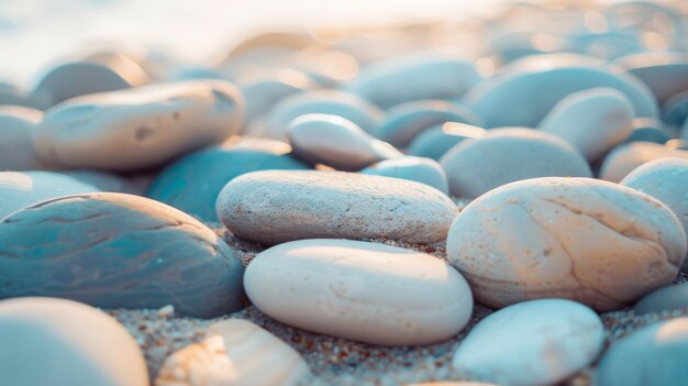 Photo smooth pebbles on the sunlit beach shore a tranquil coastal setting with a peaceful atmosphere