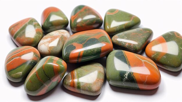 Smooth polished multicolored stones with green orange and white stripes