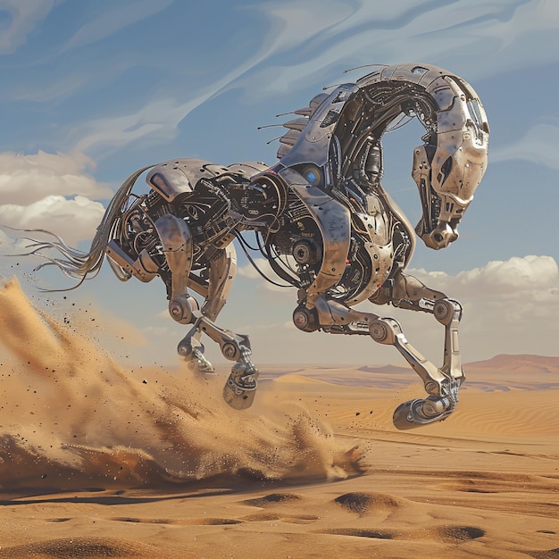 A smooth and present day robot horse racing across the desert 6