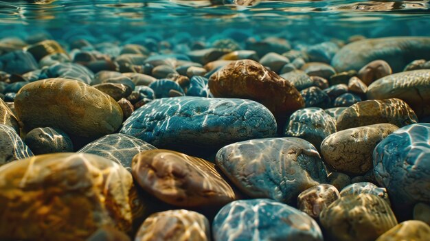 Photo smooth rocks and light reflections underwater textured background of river stones