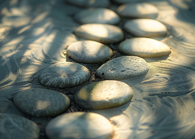 Photo smooth round pebbles arranged in a soft sandy background with gentle light reflections creating a serene tranquil atmosphere