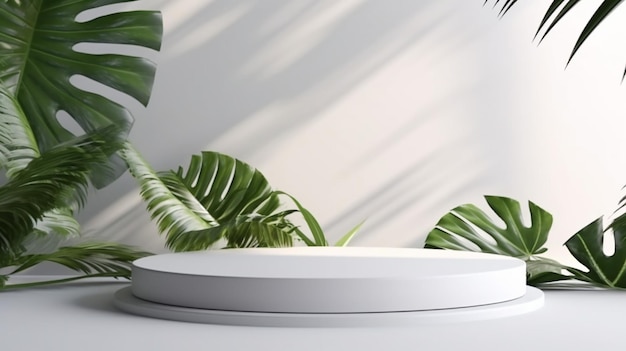 Smooth round white podium in sunlight tropical palm leaf shadow for on white table Generative AI