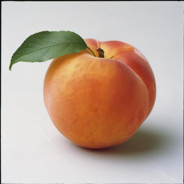 Smooth skin of peach fruit with light reflection green leaves visible at edge