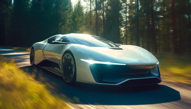 Smooth sports car driving through illuminated forest generated by AI