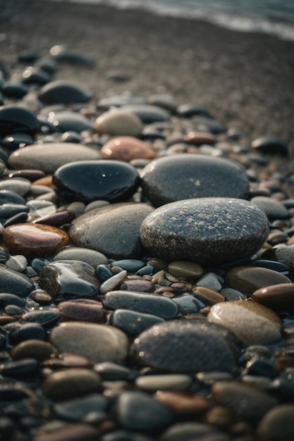 Smooth stones wet shiny low gray coastal light river rocks stones close up photography