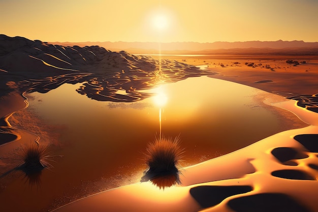 Smooth surface of water reflections in sun on shore of lake in desert