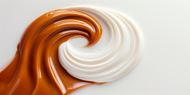 Photo smooth swirl of white and caramel colors blending together on a white surface dessert abstract