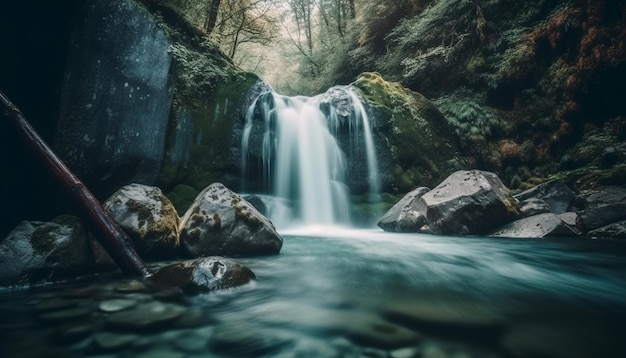 Smooth water flowing over rocks in wilderness area generated by AI