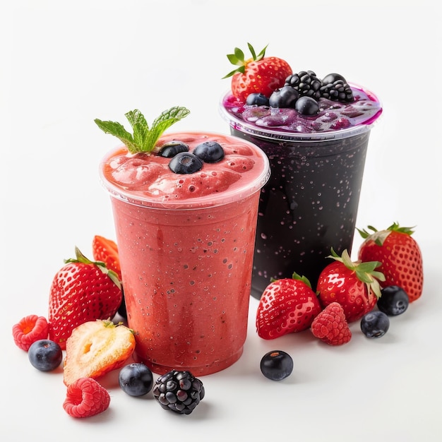 A smoothie alongside a side of fresh berries on a white background