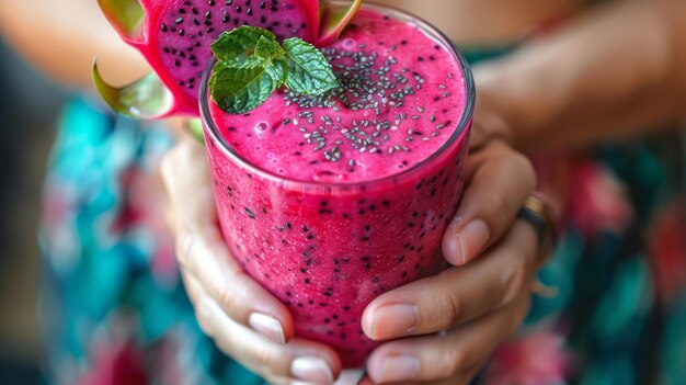 Smoothie bar with hands holding a vibrant dragon fruit smoothie