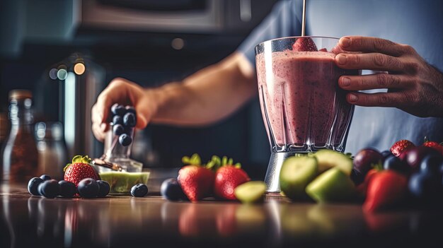 Photo smoothie blender and hands of a man with healthy food in home kitchen for vegan diet