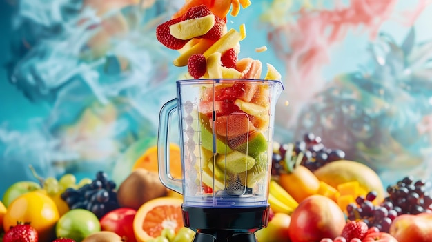 A smoothie blender in midair fruits and smoothie mixture spiraling out captured against a vibrant colorful fruit backdrop